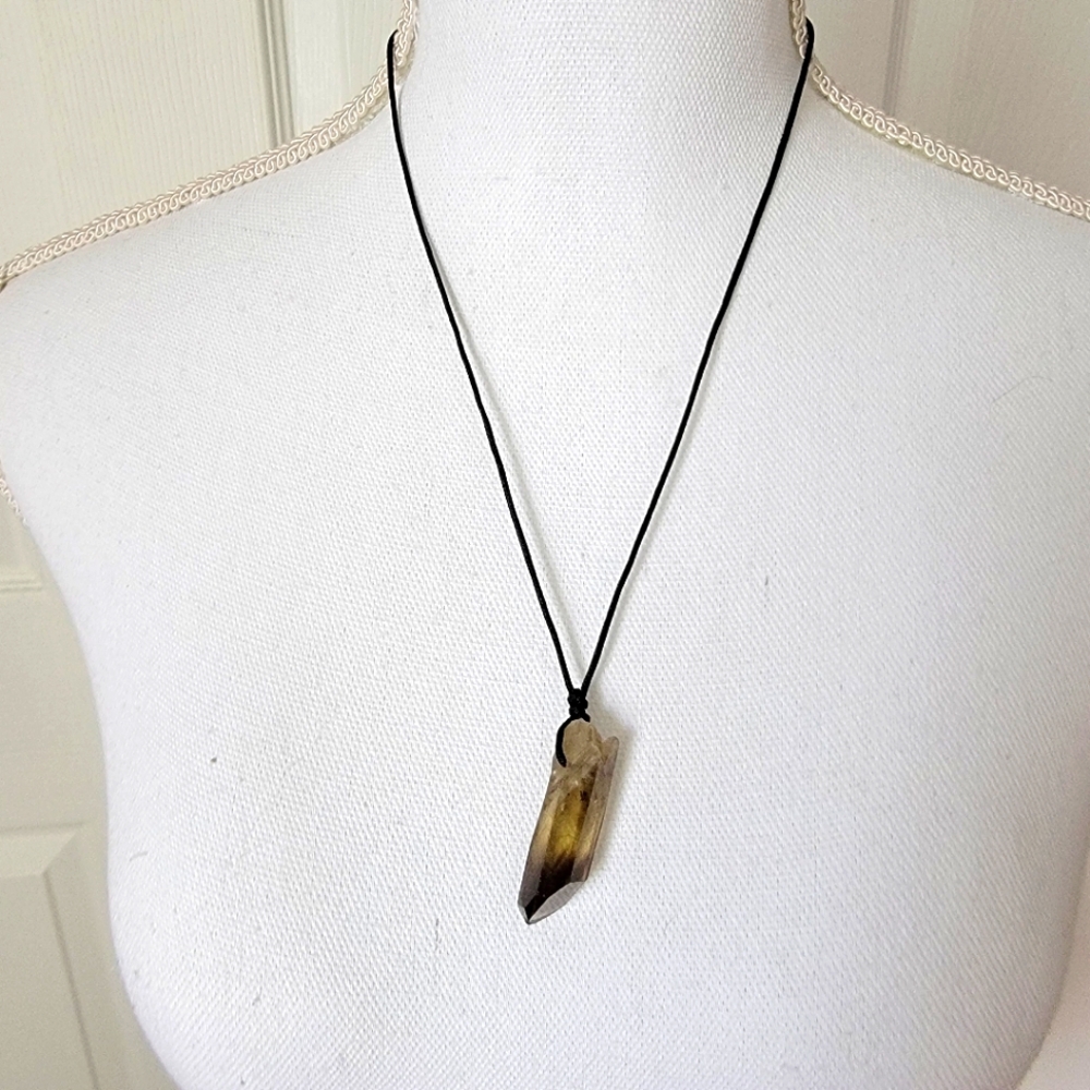 Raw Smokey Quartz Necklace Black Leather Cord for Grounding Protection